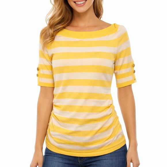 Cache Tops - Yellow and White Striped top by the brand Caché size Medium